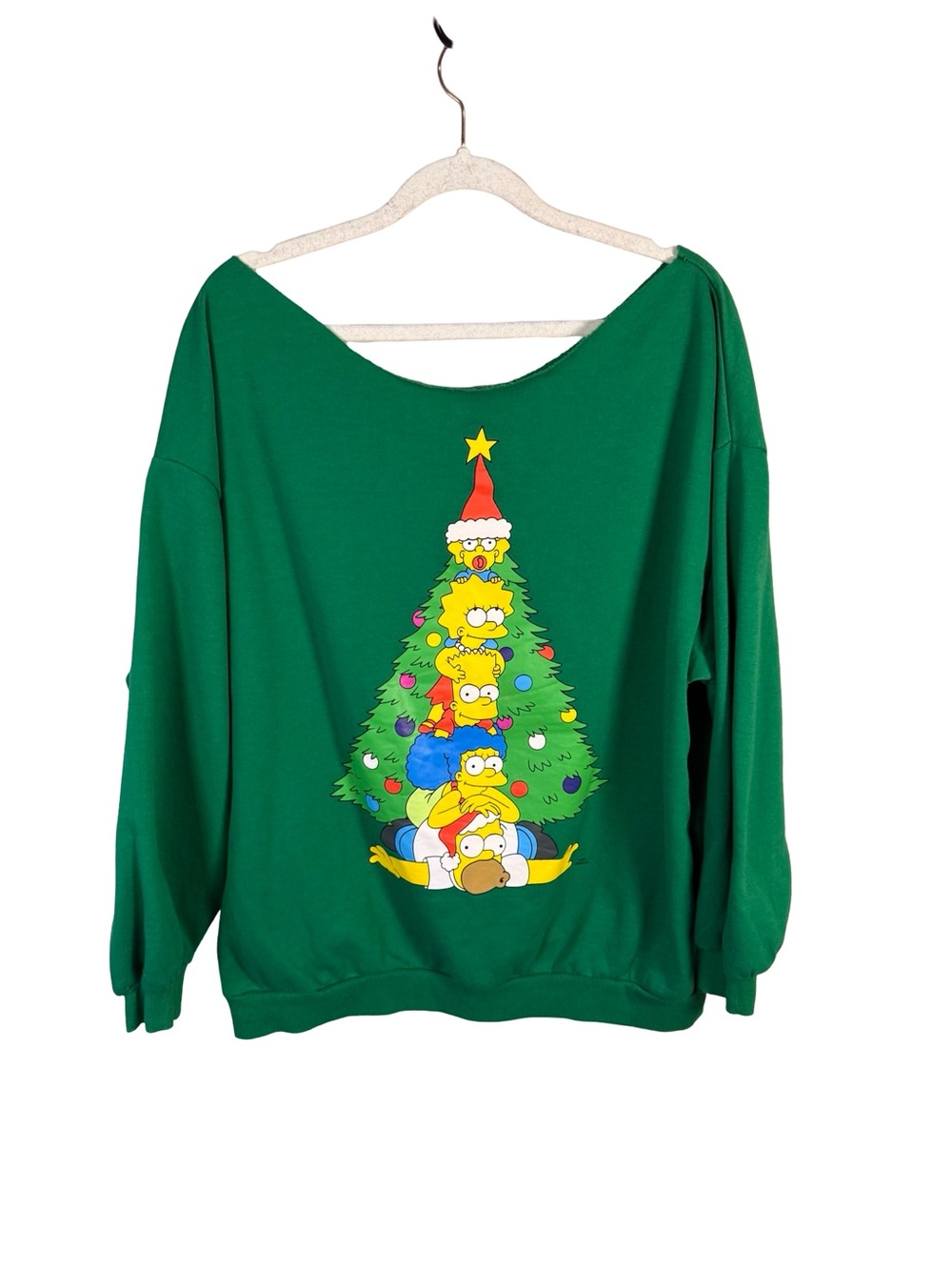 Simpsons Christmas Tree Green Holiday Graphic Off-Shoulder Sweater Size S